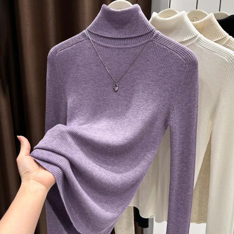 绝美高领紫色针织打底衫2025新款女士秋冬柔软亲肤修身不紧身上衣