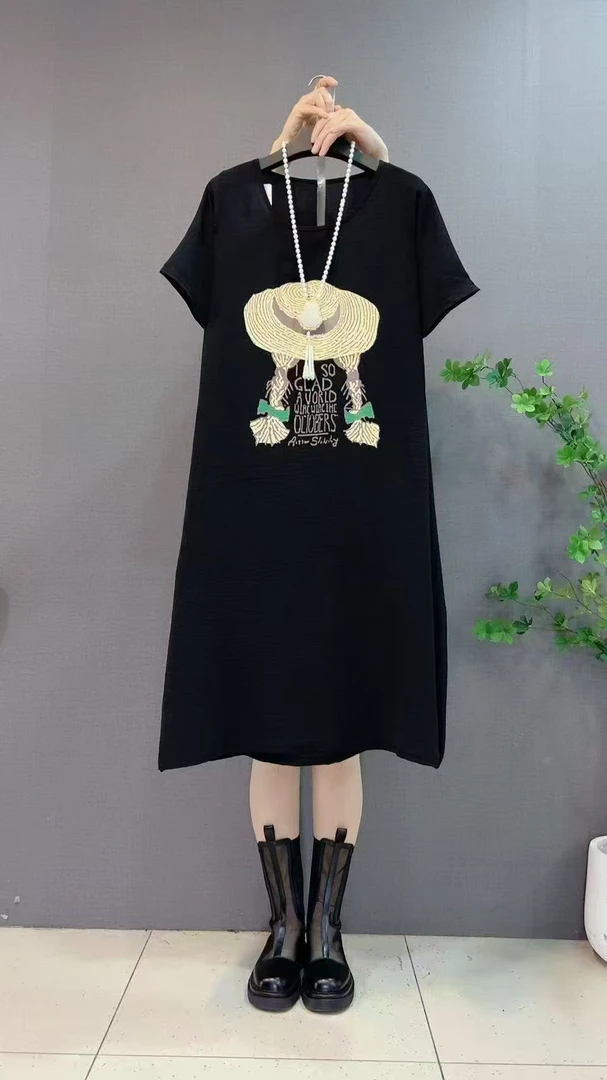 7059-1【草帽女孩】懒人裙夏季短袖大版，长111