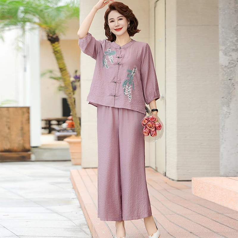 中国风妈妈夏装套装阔太太七分袖上衣显瘦遮肚中老年女春夏两件套
