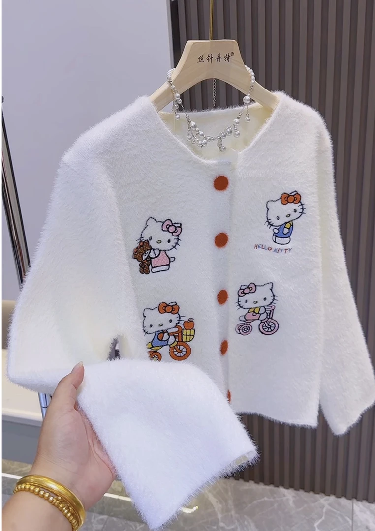 8韩系甜美穿搭卡通Kitty猫针织开衫女2025秋新款慵懒软糯针织上衣