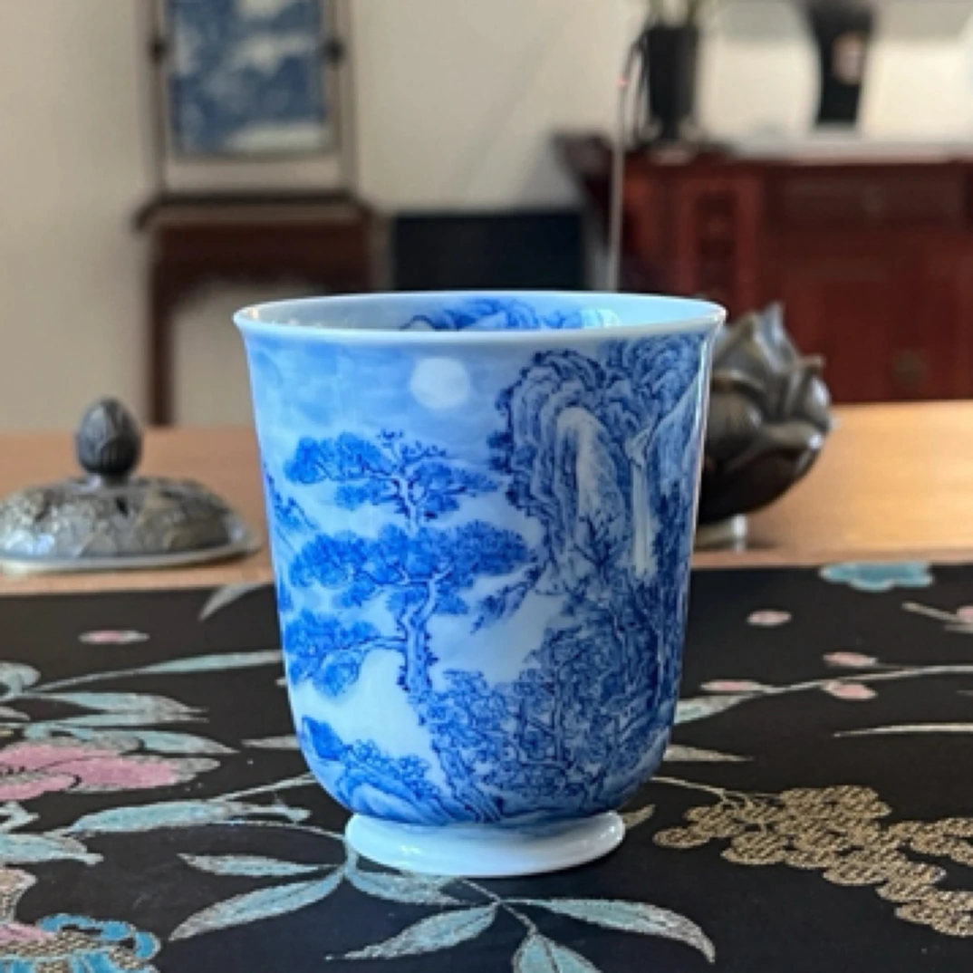 沈窑手绘青花山水杯