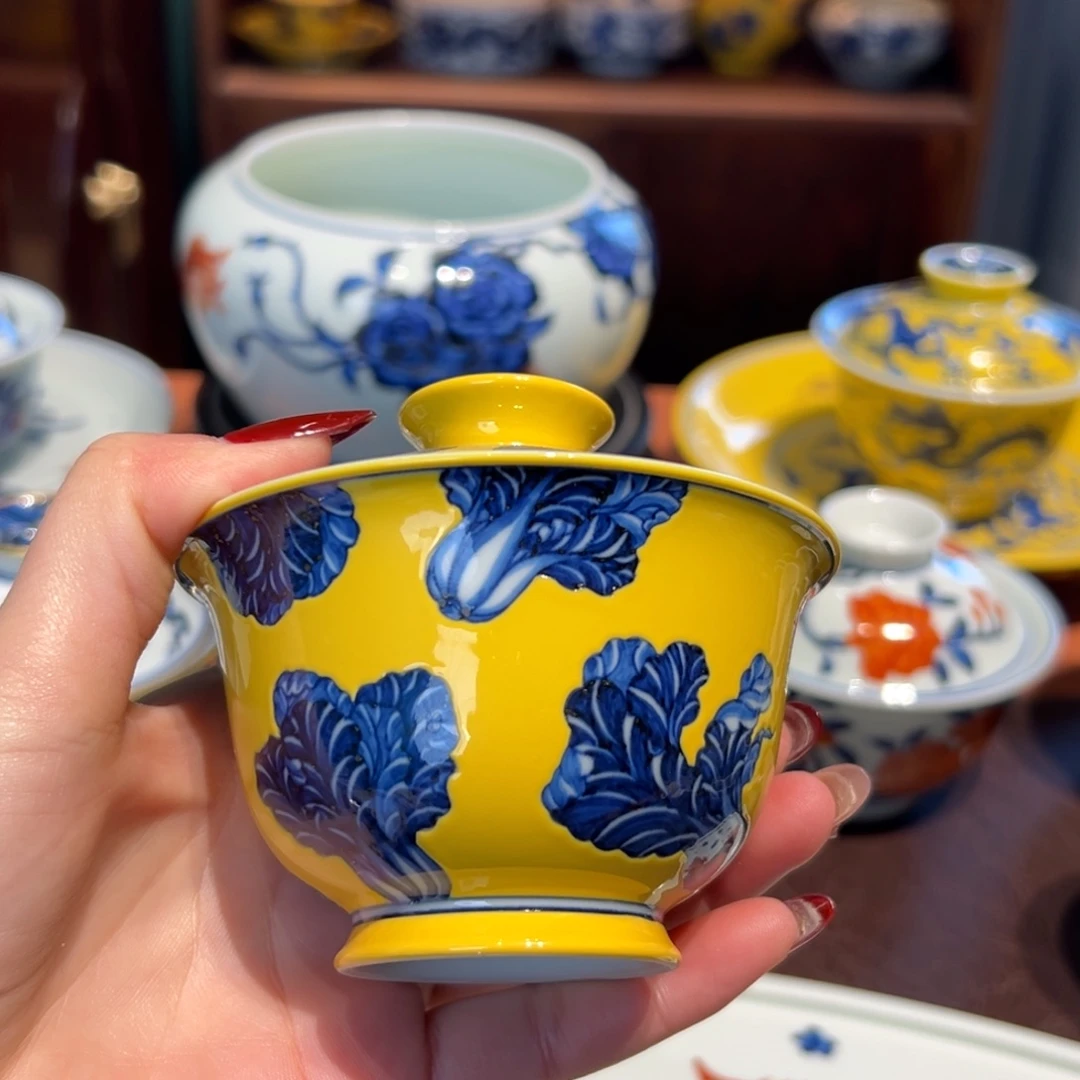 青花雯华堂手绘盖碗