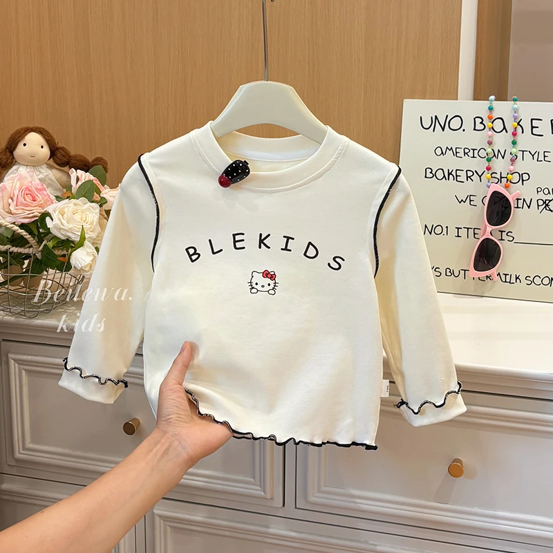 女童秋季新款打底衣小童韩版kt猫修身白T恤打底衫女女童长袖衬衣