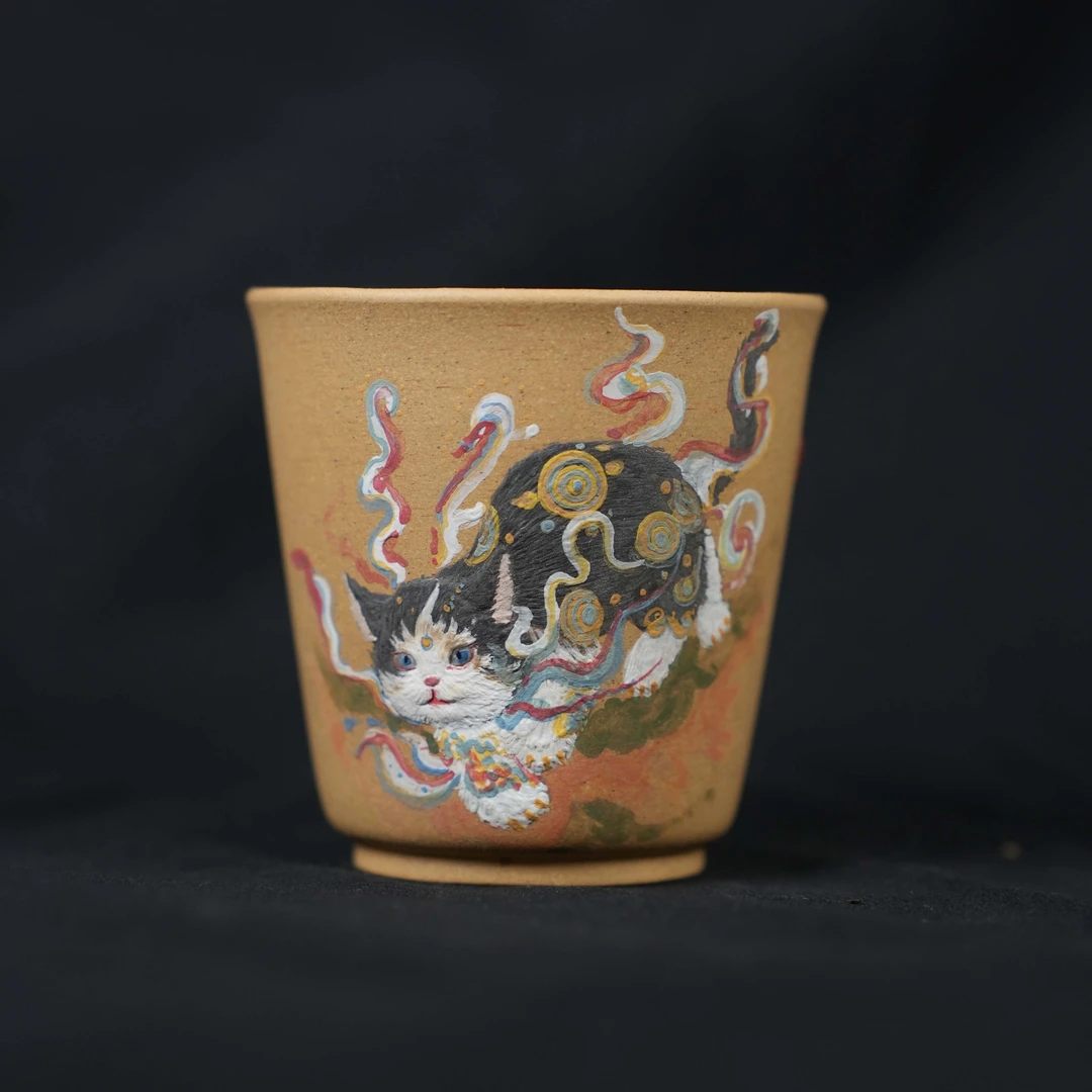 木隐砂堂 主人杯 缎泥 90cc 敦煌猫 泥绘 张志清高徒 陈磊制