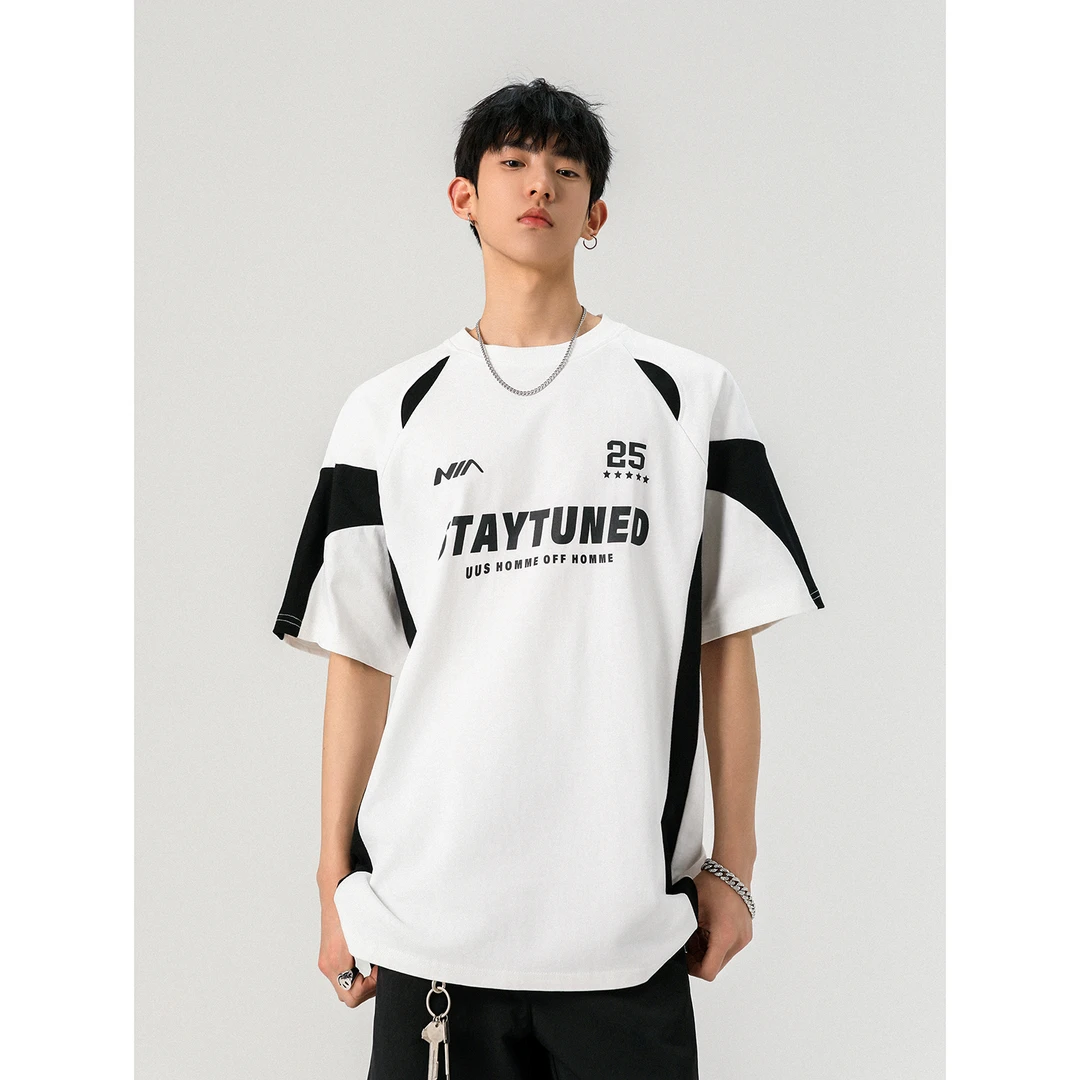 美式高街拼色机车风纯棉重磅短袖t恤男夏季潮牌痞帅宽松五分半袖