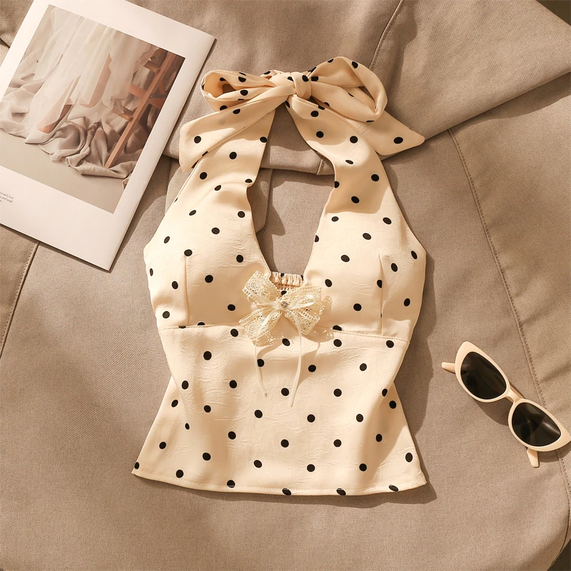 甜美波点蝴蝶结缎面挂脖吊带背心女夏带胸垫修身内搭美背露肩上衣