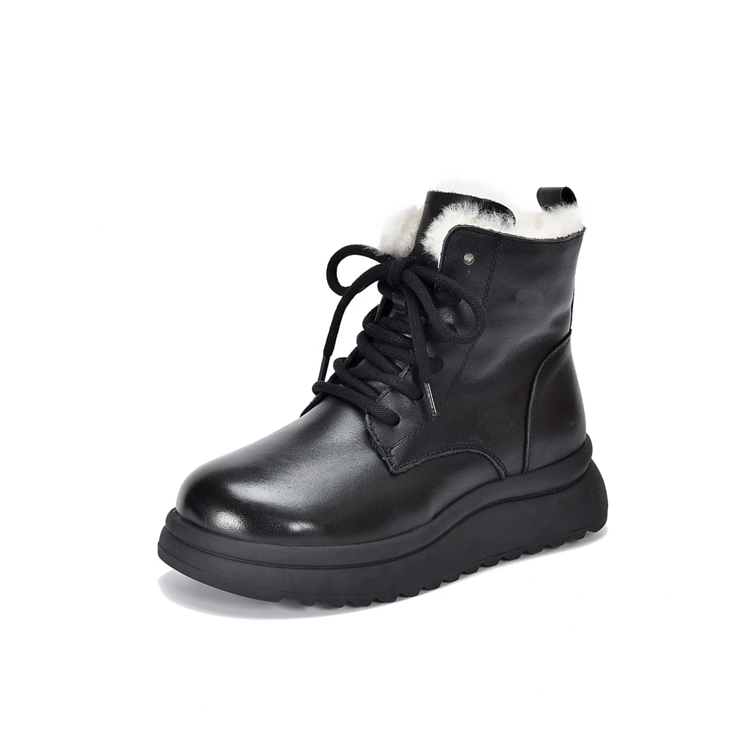 皮毛一体羊毛厚底防滑系带马丁靴女2025冬款真皮短靴加厚保暖棉靴