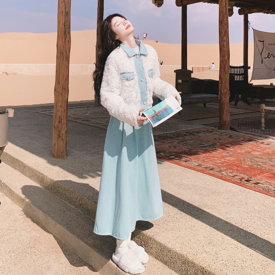 韩系秋冬套装裙女款2025超火新款夹棉羊羔毛外套毛呢半身裙两件套