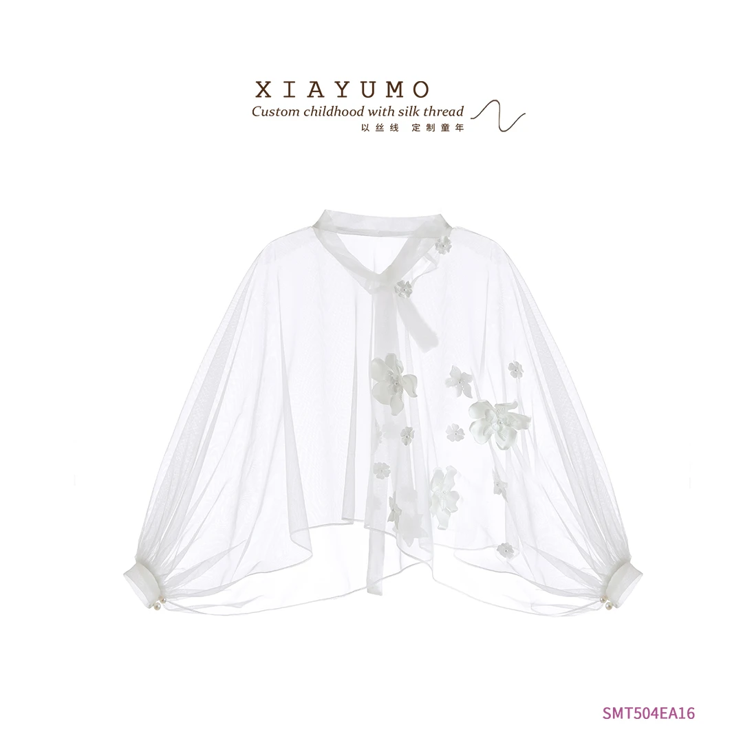 夏羽墨女童春夏新款白色披风款小众设计师衬衫长袖立领时尚罩衣