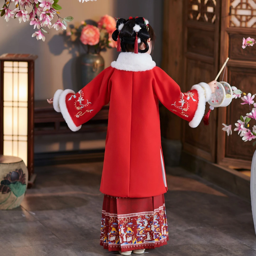 汉服女童加绒加厚中国风冬季拜年服儿童红色毛呢明制冬款宝宝