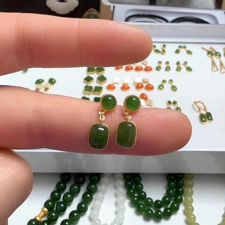 和田玉耳饰银S925镀金镶嵌