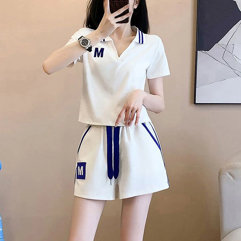 网红显瘦休闲运动服短袖polo领t恤短裤套装女大码两件套夏季新款