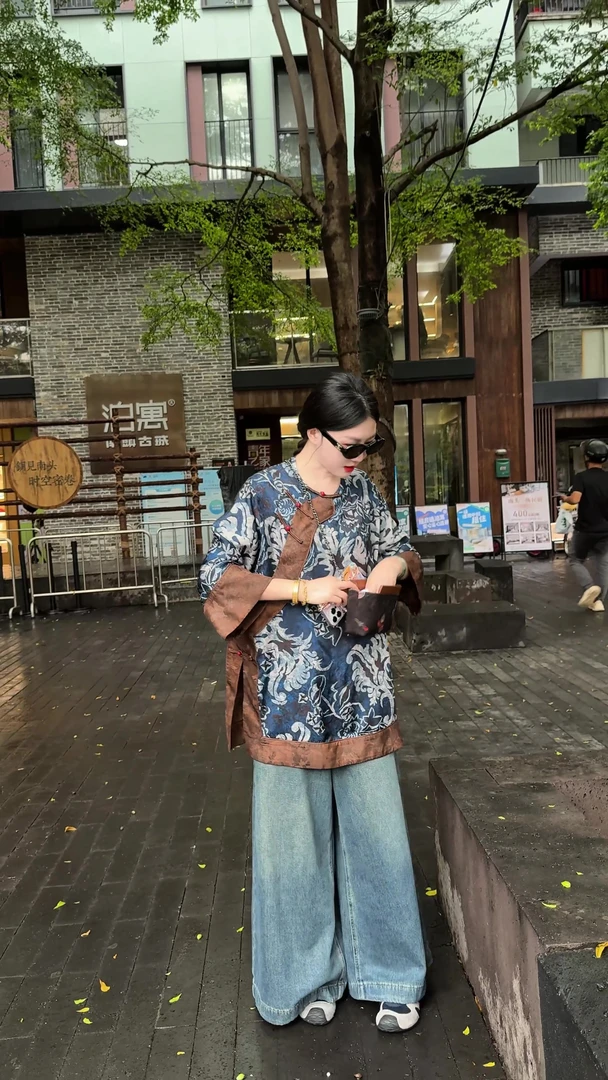 「青花意」中国风春夏季网红宽松型上衣复古薄款花色休闲中式圆领