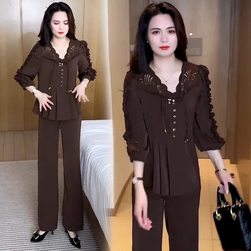 时尚套装女2025夏新款洋气显瘦长袖镂空V领衬衫阔腿裤减龄两件套