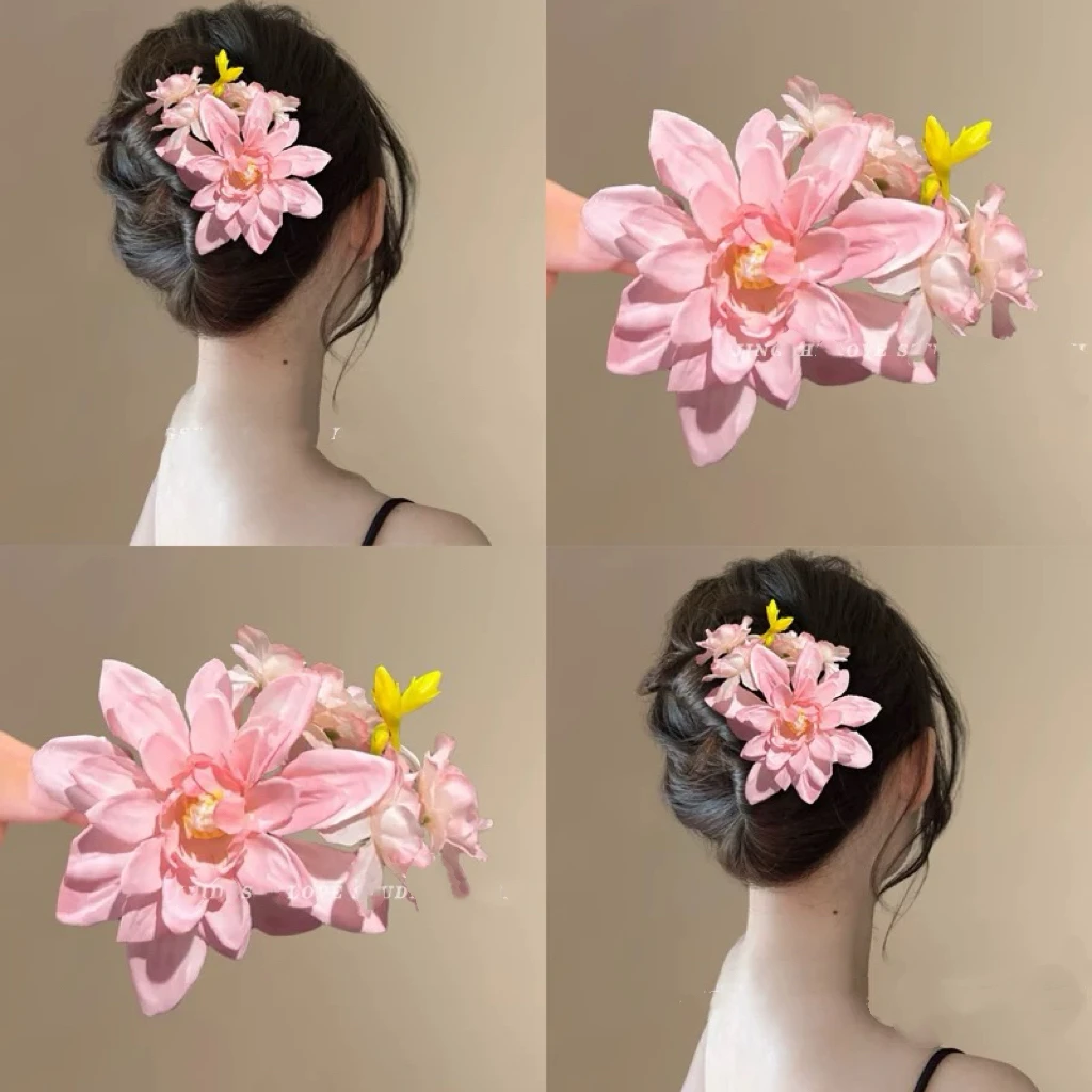 温柔甜美氛围感粉色花朵发夹女古风新中式盘发发卡汉服旗袍发饰