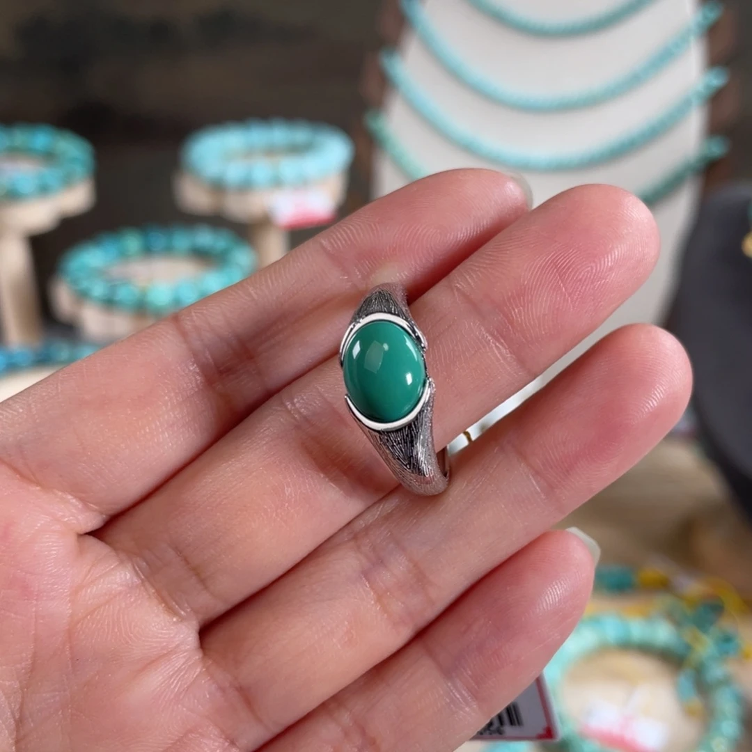 绿松石银S925镶嵌套链银戒指