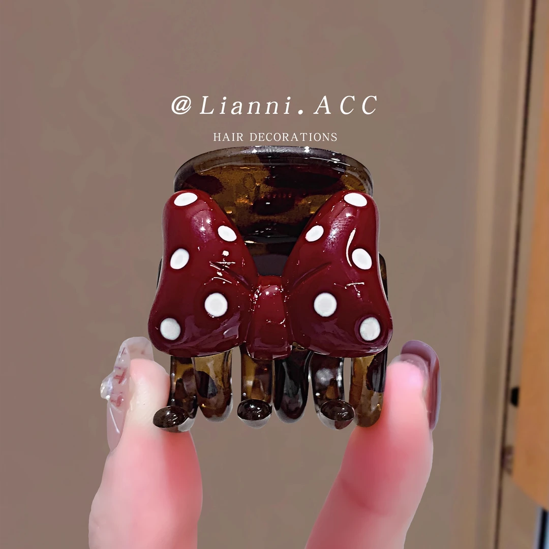 高级感可爱红色波点蝴蝶结发夹可爱卡通盘发小抓夹后脑勺鲨鱼夹子