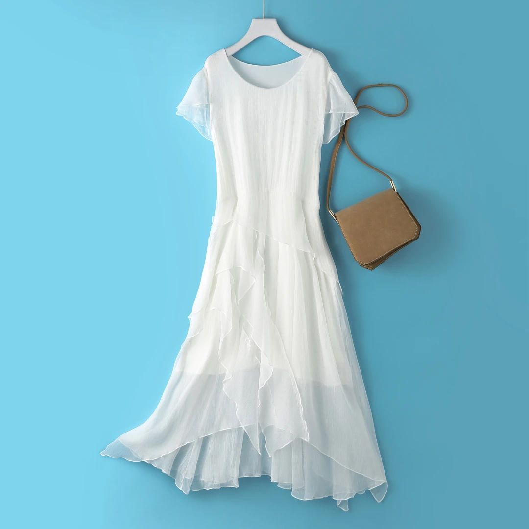 高档100%桑蚕丝真丝连衣裙长裙夏季新款收腰气质不规则白色仙女裙