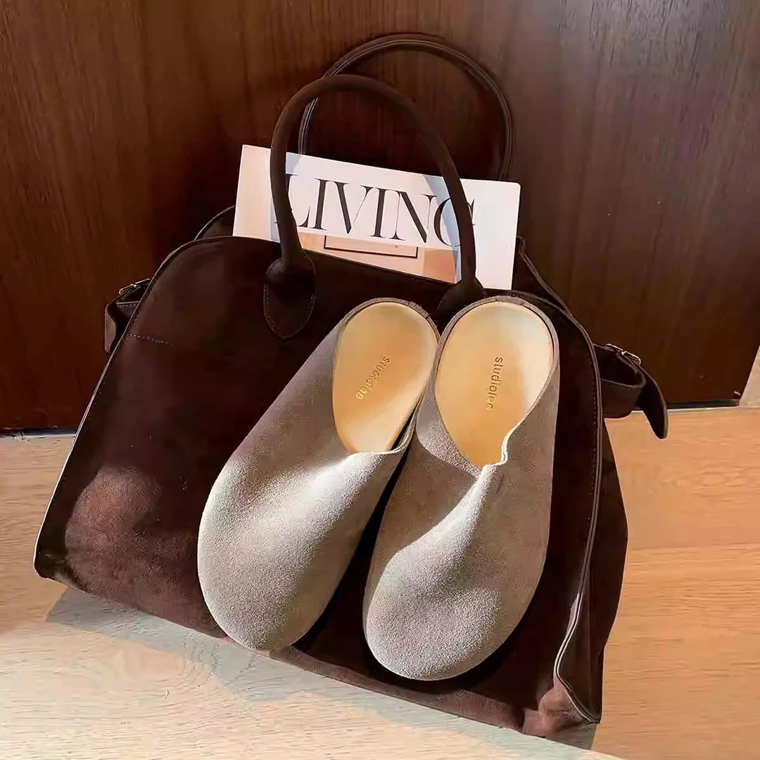 【真牛皮】厚底复古风懒人一脚蹬包头半拖女春夏百搭时尚休闲软底