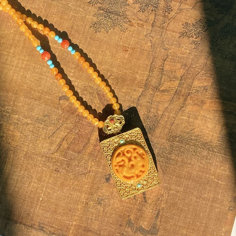 天然蜜蜡全手工雕刻凤凰S925镶项链