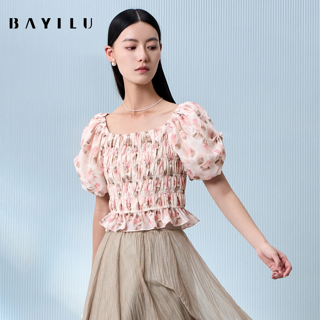 【小铃铛】芭依璐夏季衬衫女方领泡泡袖碎花打揽上衣90C1024