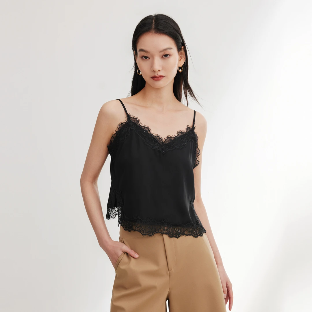 EP YAYING雅莹女装 弹力重磅桑蚕丝蕾丝吊带上衣 春装款A508A