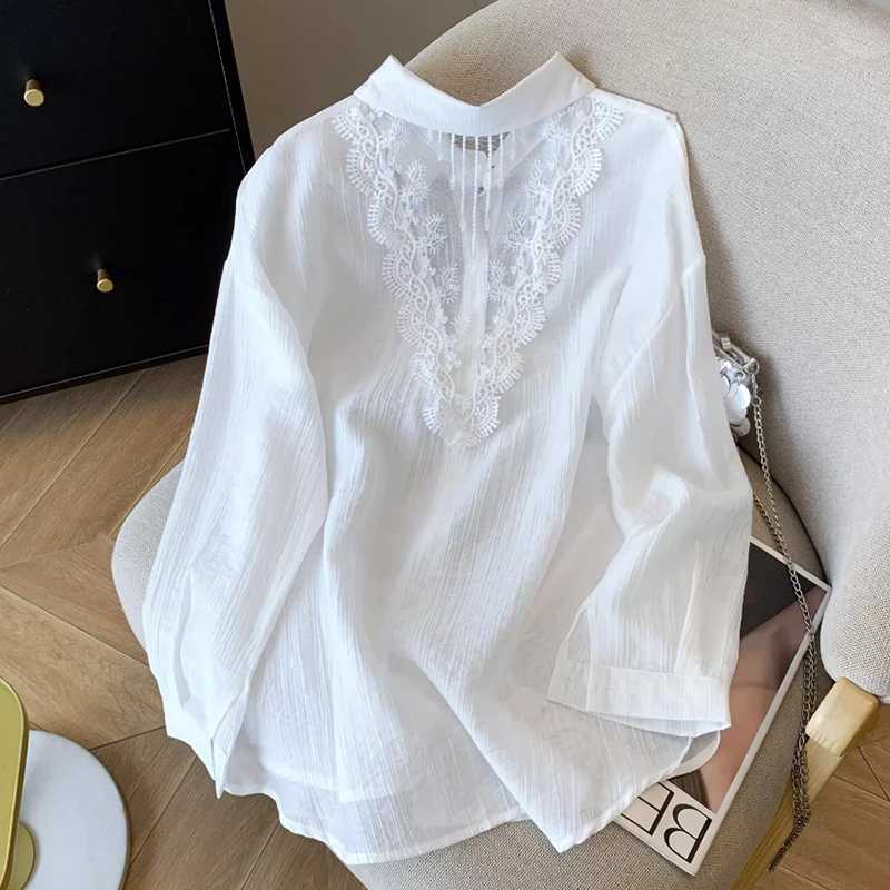 蕾丝镂空慵懒宽松白色防晒衣衬衫上衣新款夏季薄款长袖衬衣外套女