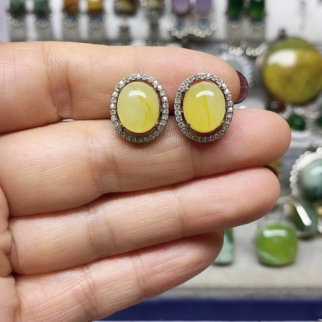 蛇纹石玉银S925镶嵌耳环