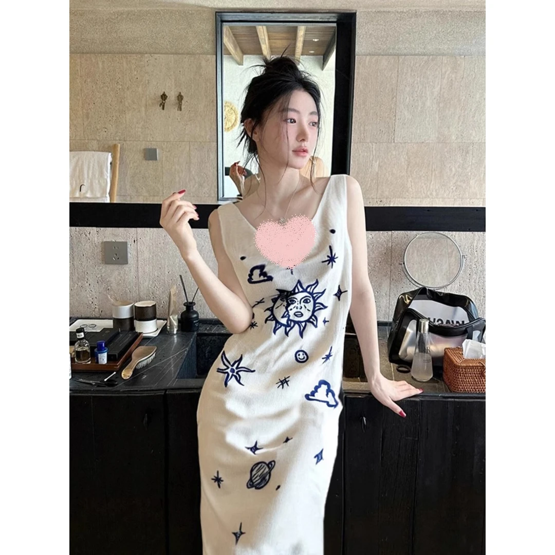 复古小众设计感V领睡裙女夏季新款大码印花背心家居长裙子可外穿