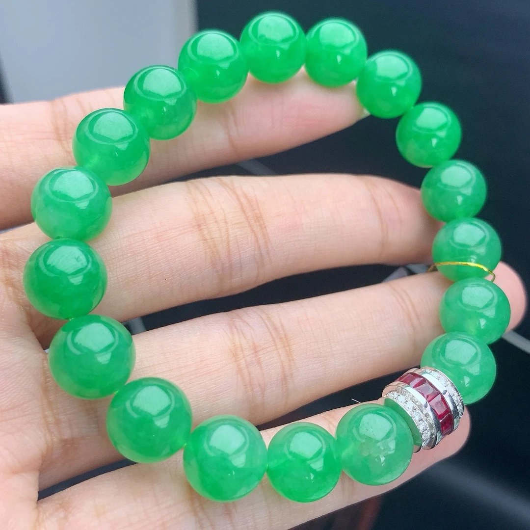 缅甸A货翡翠正阳绿色圆珠手链手串单圈jpT卡10mm