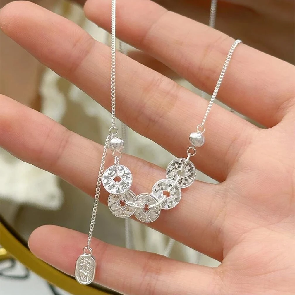 吊坠足银 佬银匠 纯手工足银碎冰冰五帝钱纳福项链时尚轻奢精美