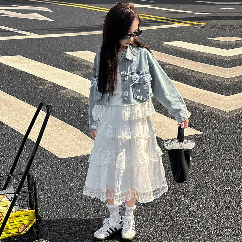 女孩春装牛仔外套2025新款洋气甜美学院风大童蕾丝裙半身裙两件套