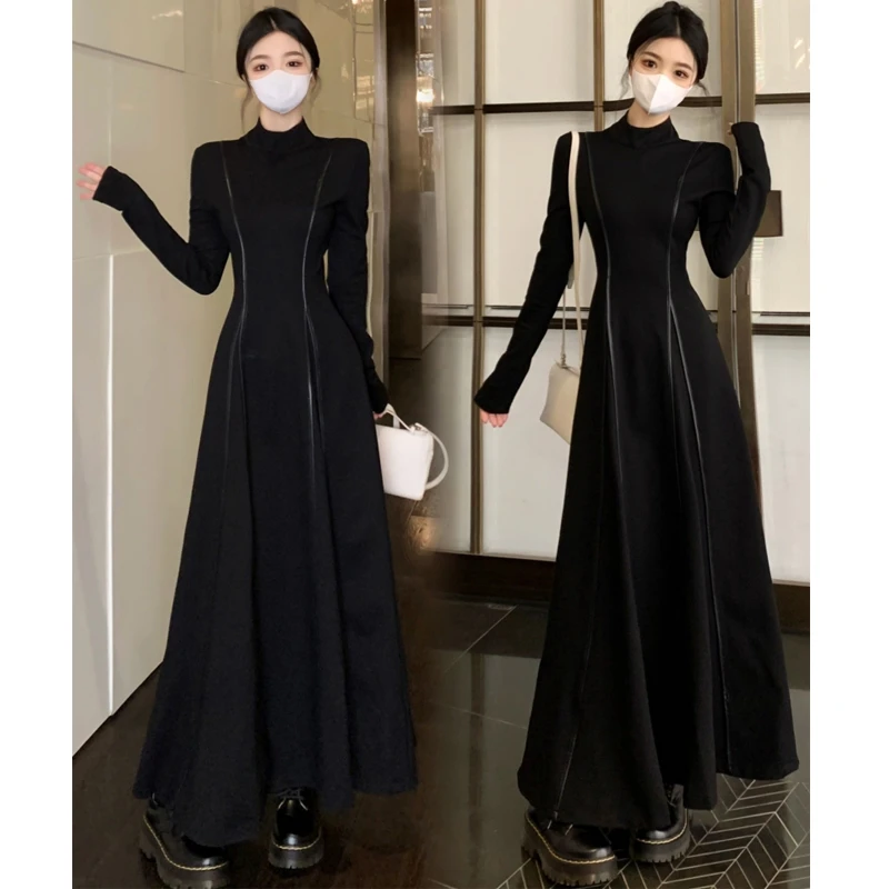 大码胖mm秋冬新款设计感法式收腰显瘦中长款打底高级感黑色连衣裙