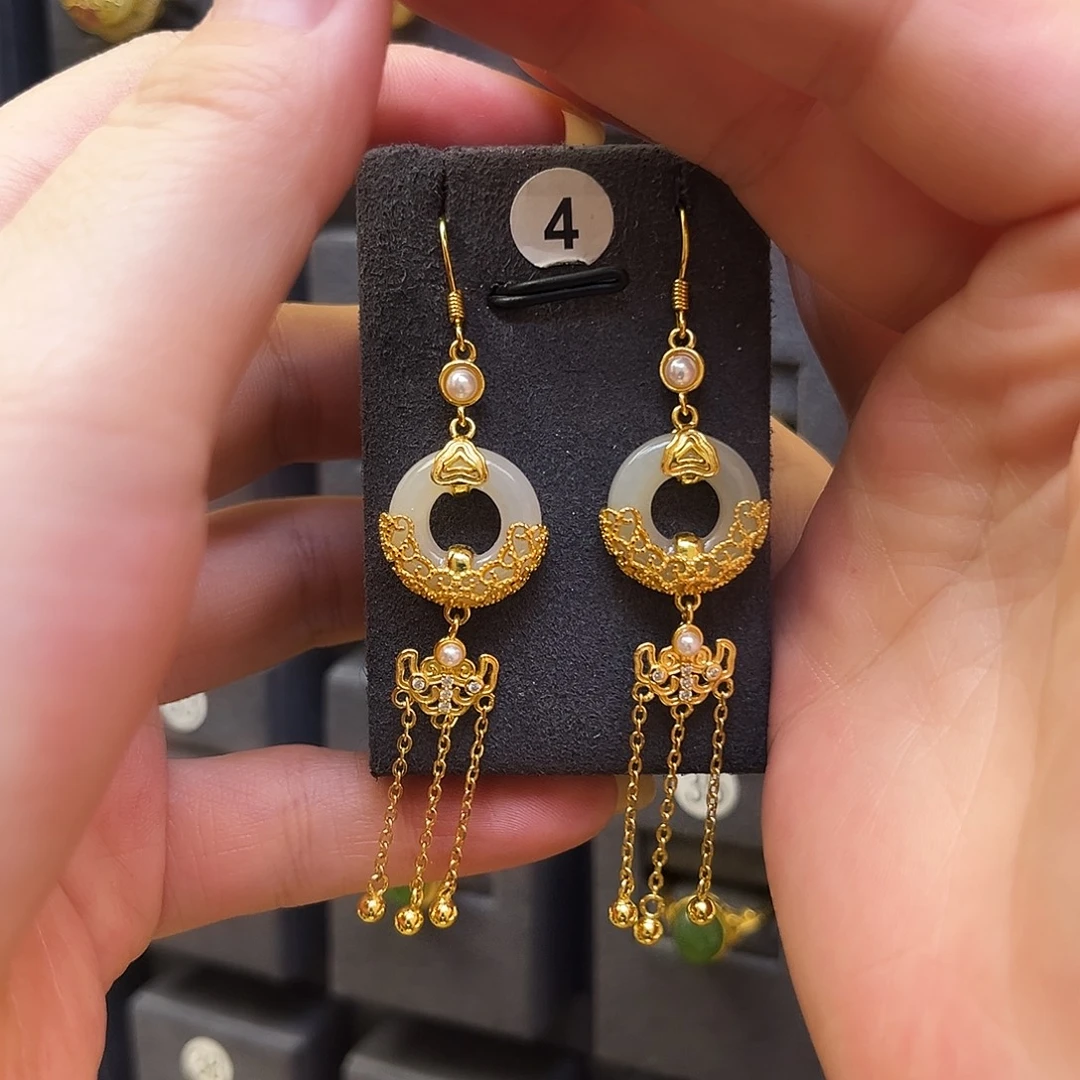 和田玉银S925镀金镶嵌耳饰