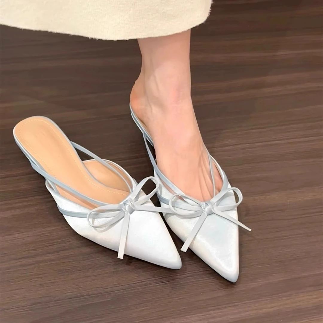 超火~！粗跟蝴蝶结包头半拖鞋仙女鞋子2025年春夏季缎面法式气质