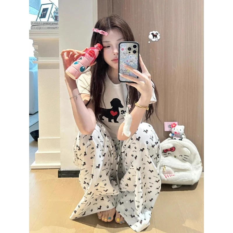 美式复古休闲运动服套装女夏季可爱小狗印花修身短袖阔腿裤两件套