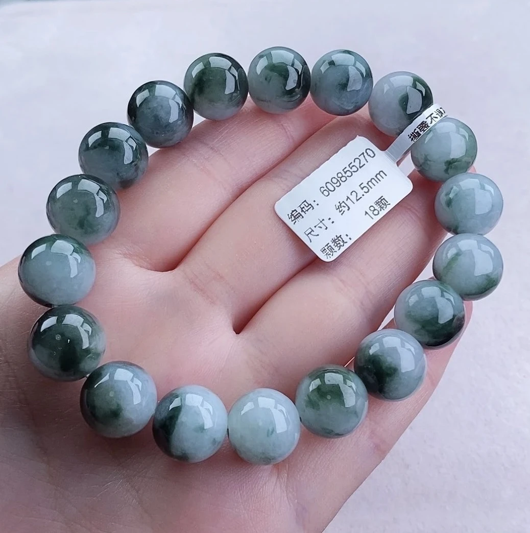 缅甸翡翠手串 卡12+ 白冰飘绿花圆珠手串 气质 时尚 飘花 单圈