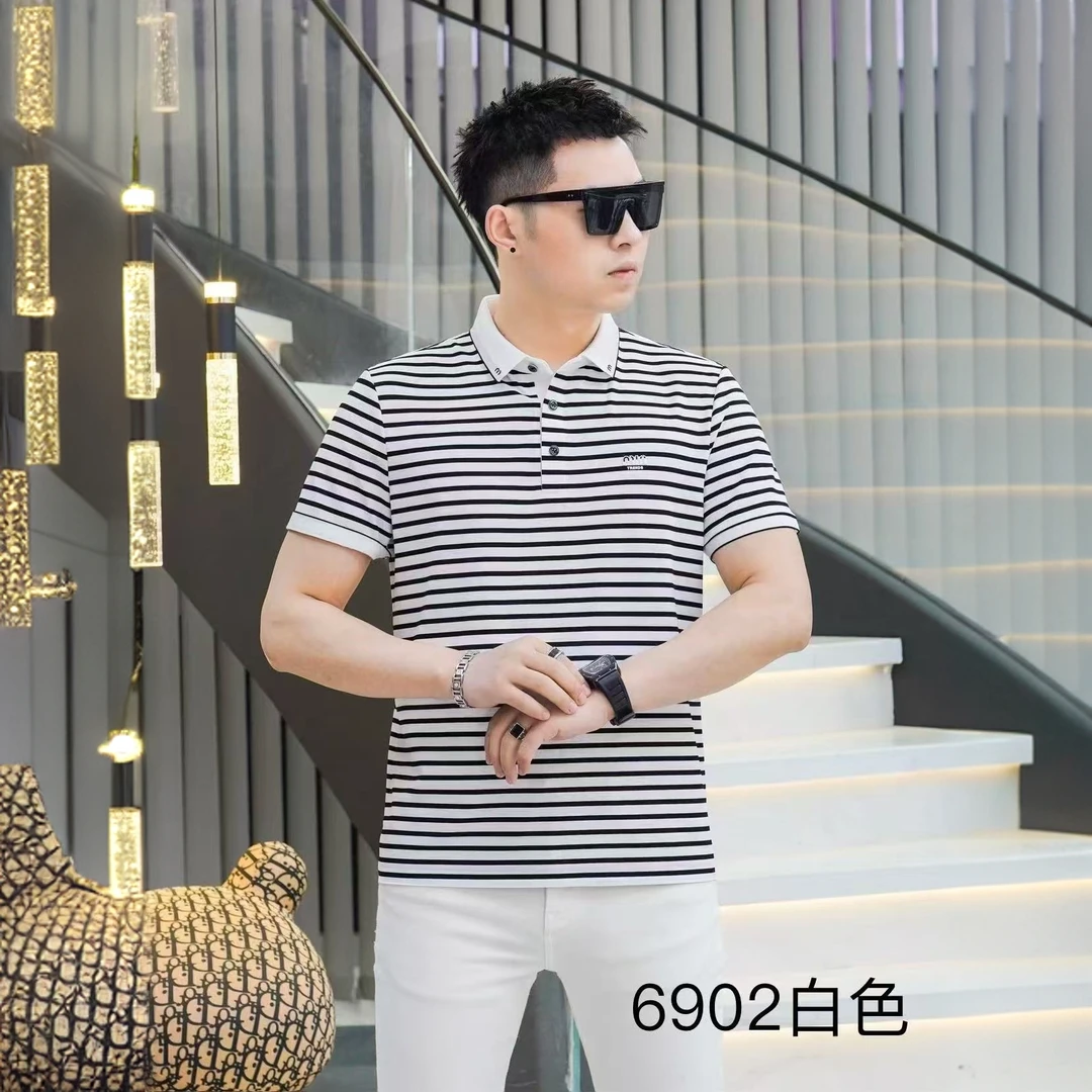 6902休闲男士条纹poloT恤白色时尚夏季半袖潮流修身翻领