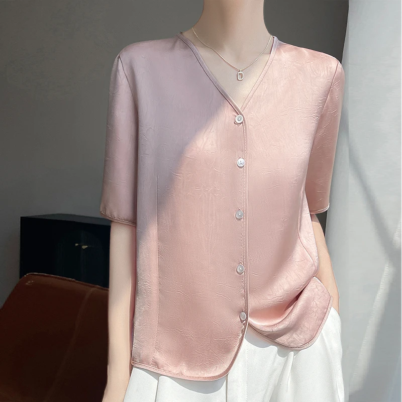 【现货宠粉】新款女短袖衬衫缎面夏季薄款外套V领气质新中国风上衣
