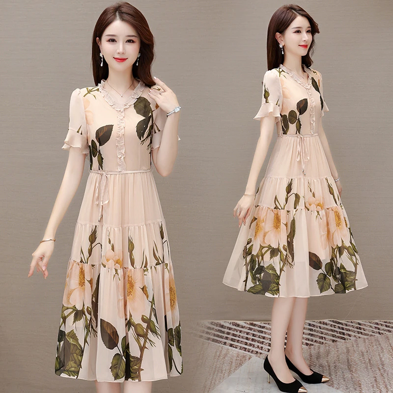 新店福利】瘦减龄气质女装裙夏季中年妈妈端庄大气遮肚显雪纺纱连