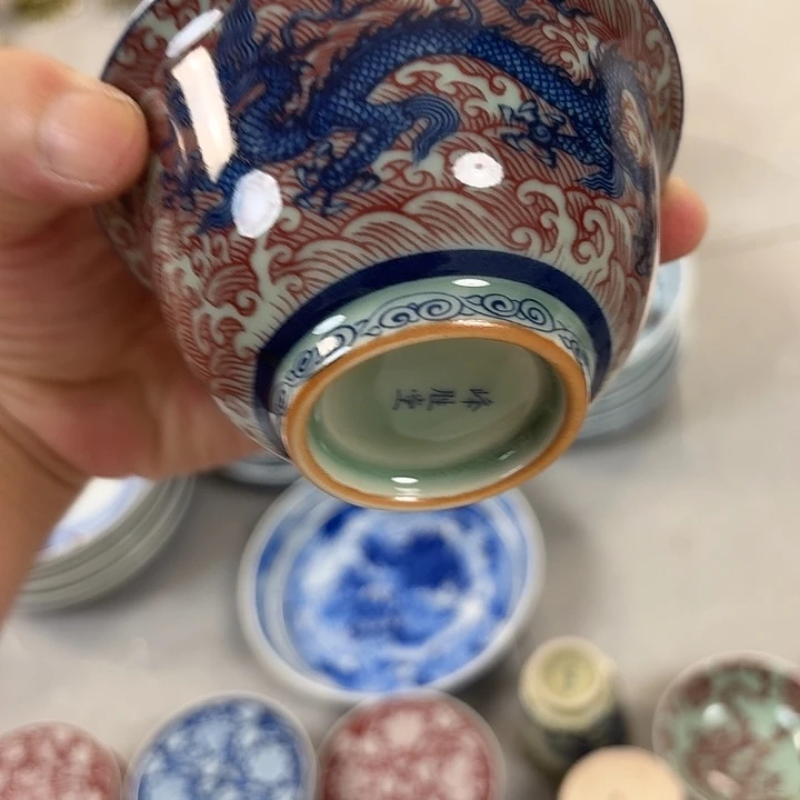 瓷片青柚海水龙二才元宝盖碗