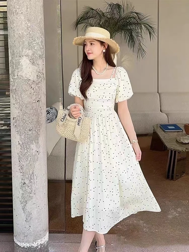 7836#夏季新款法式气质时尚轻奢高级感收腰中长款连衣裙女