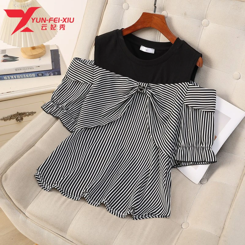 云妃秀大码女装上衣时尚微胖条纹拼接假两件宽松显瘦T恤夏季9462