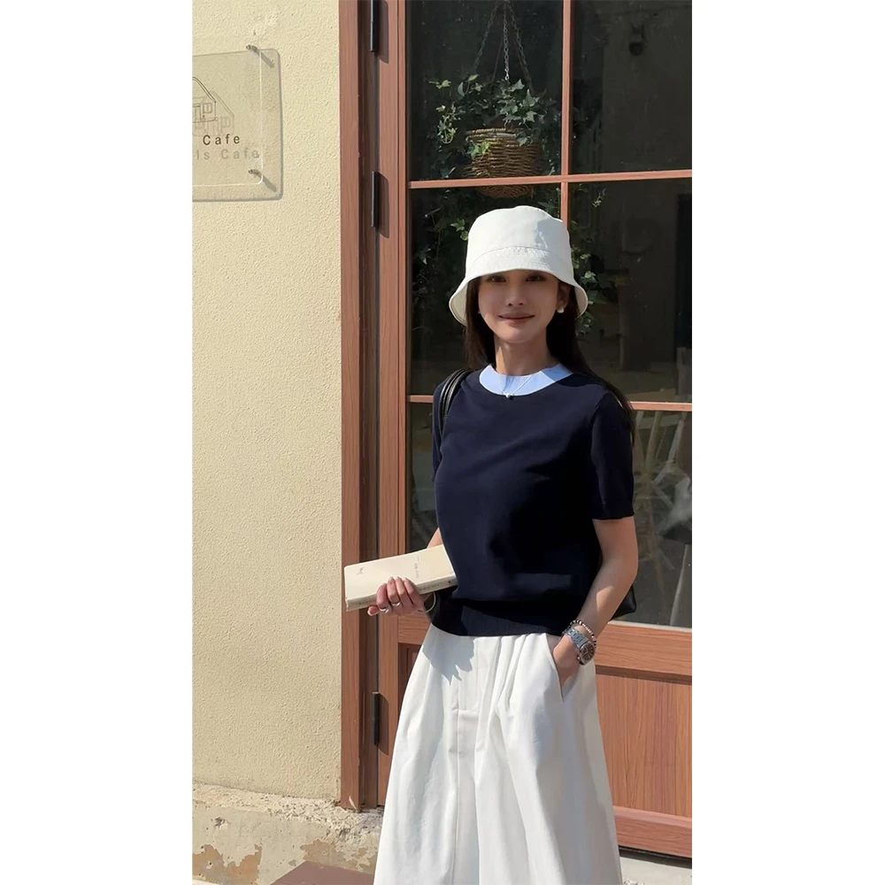 【卫海】“进口棉”设计感极简舒适百搭拼色圆领短袖打底T恤X118