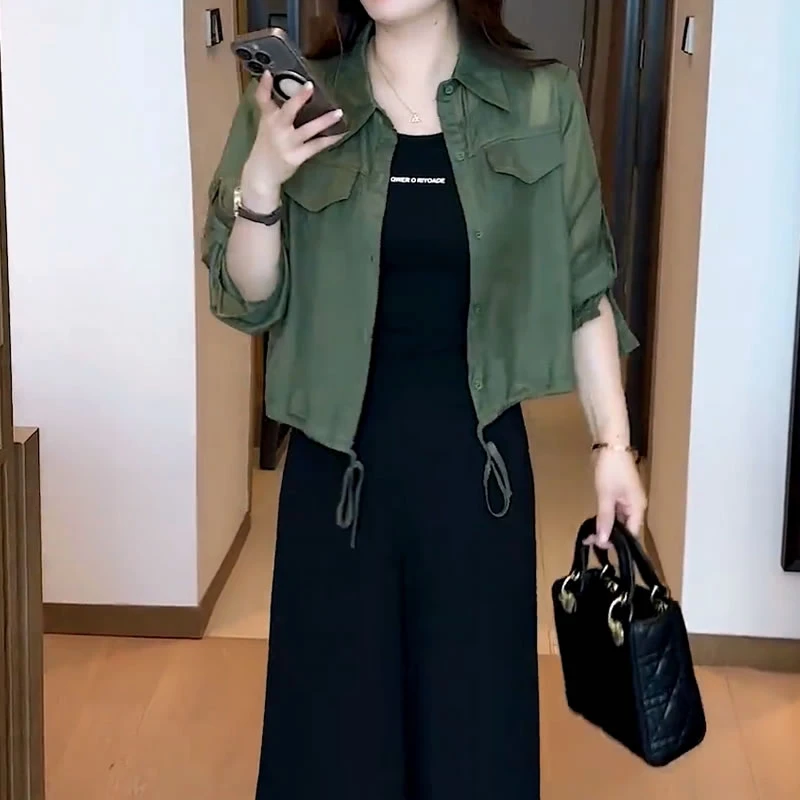 时尚洋气减龄防晒小衫女2025初秋新款百搭显瘦小个子韩版衬衫上衣