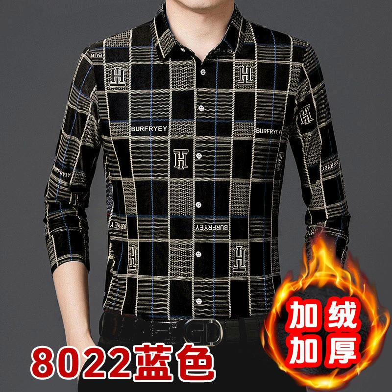 加绒加厚格子长袖衬衫男t恤冬季中老年打底衫polo衫毛衣保暖内衣