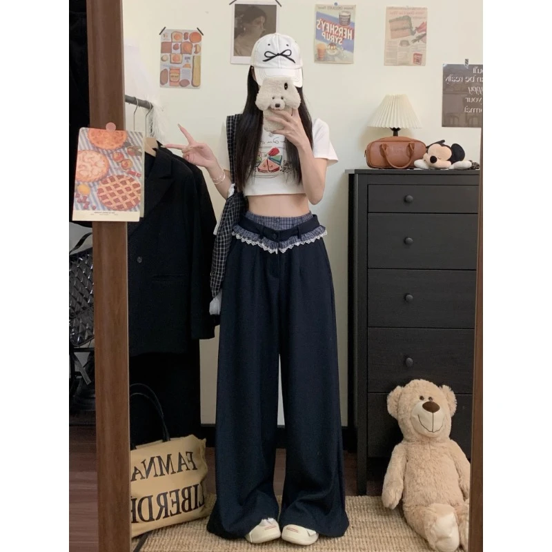 裤子女2025新款小个子西装拖地直筒高腰拼接蕾丝宽松慵懒风休闲裤