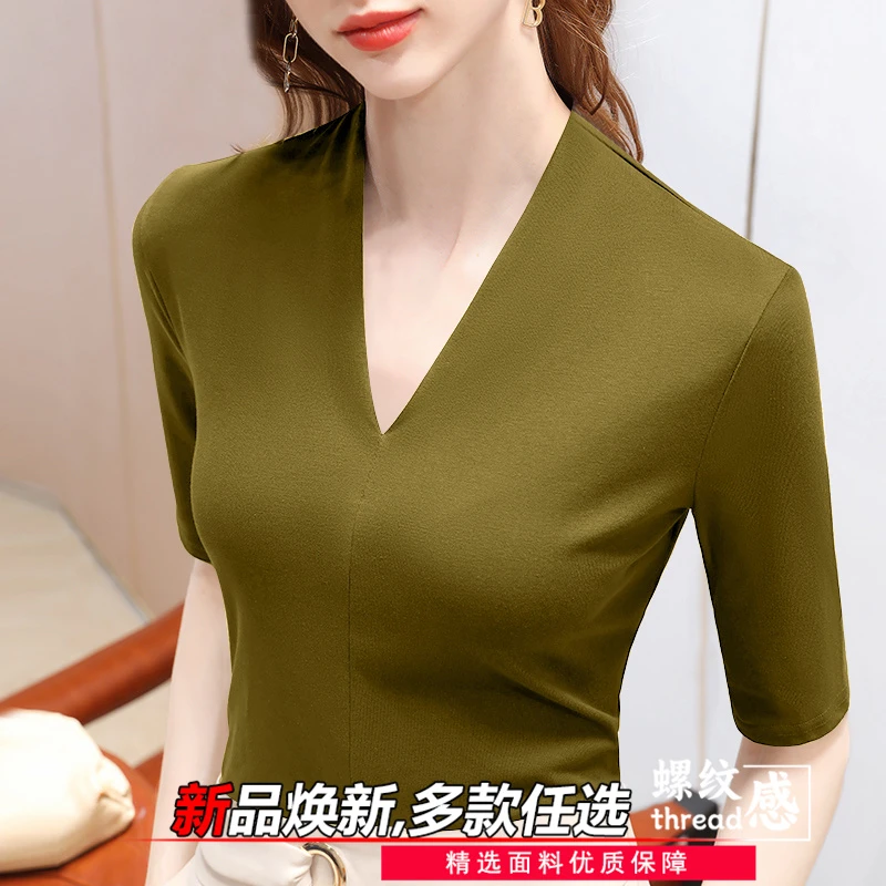 减龄清凉春夏薄款螺纹女士修身显瘦气质简约百搭五分袖T恤V领上衣