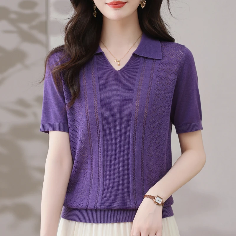 小翻领镂空莱赛尔短袖提花宽松显瘦时尚洋气百搭薄款小衫77137