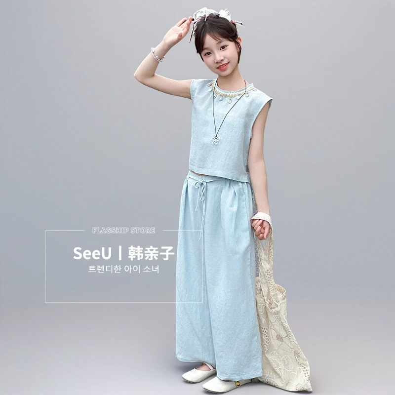 度假休闲简约童装套装两件套夏装新女童夏季棉麻简单纯色波西米亚